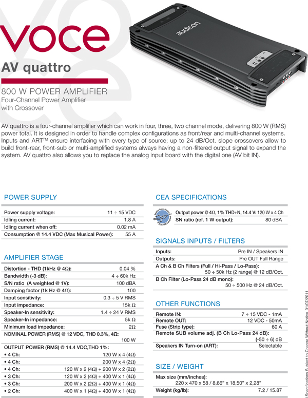 AMPLIFICATORE 4 CH AUDISON VOCE FULL DIGITAL DA AVQUATTRO AV ...